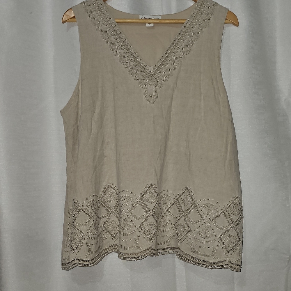 Coldwater Creek Tan Embroidered V-Neck Blouse
